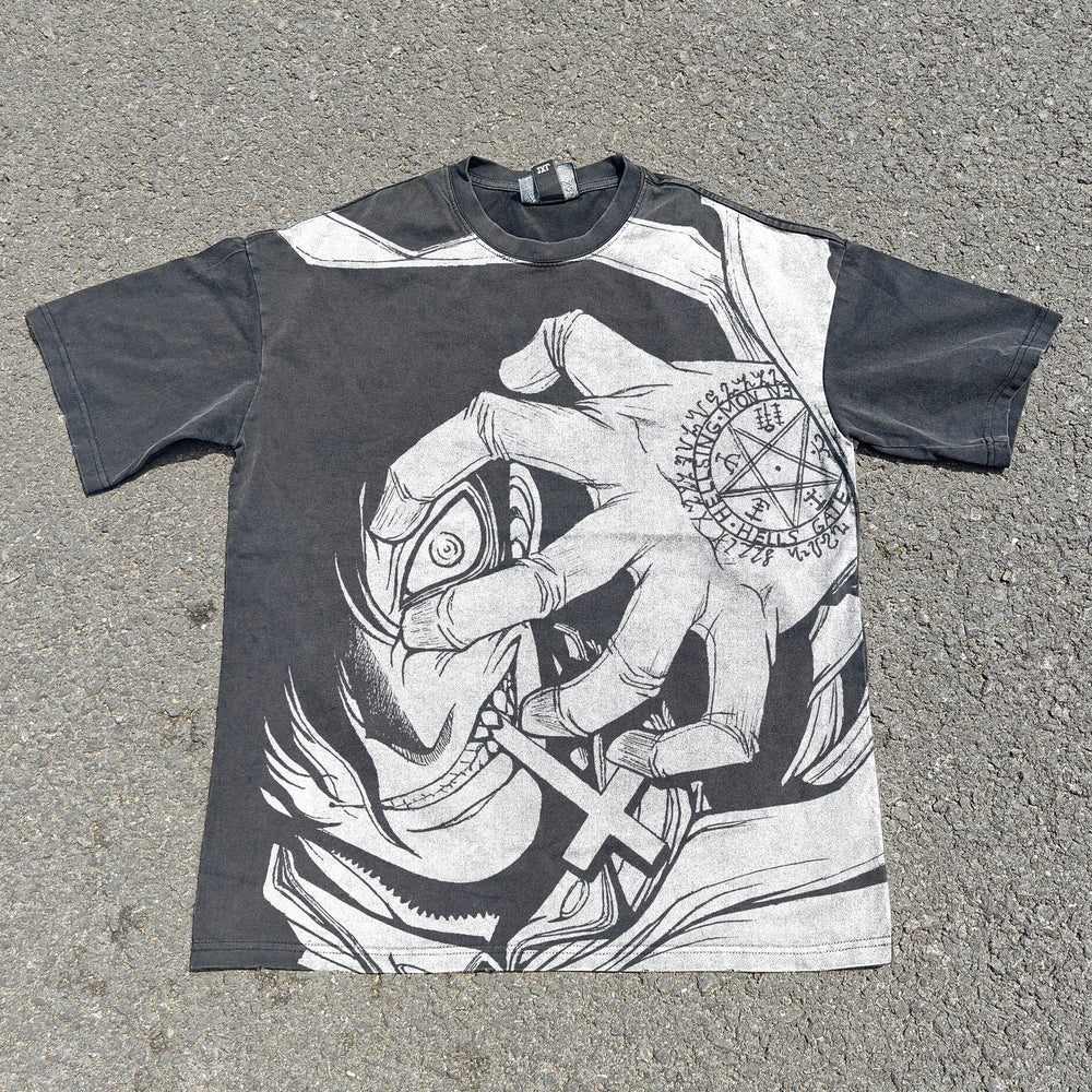 Acid-wash oversized all-over-print tee with Alucard anime graphic print.
