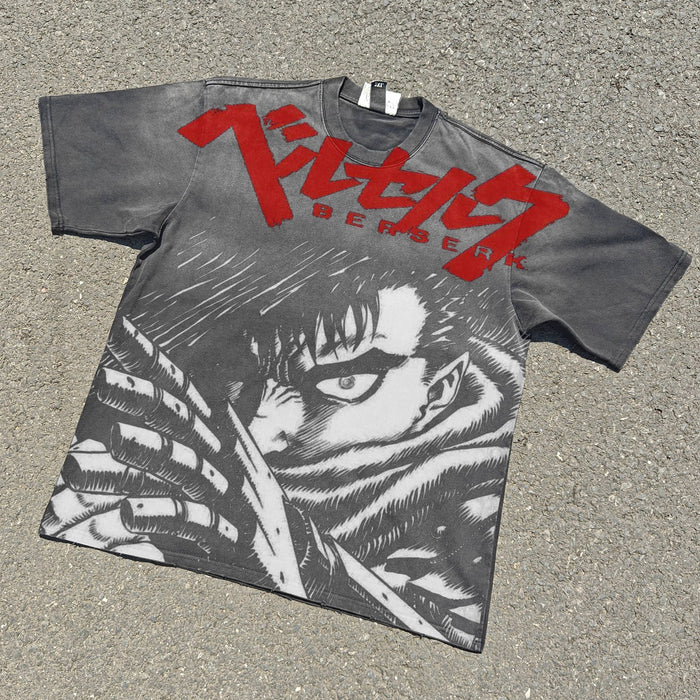Acid-wash oversized all-over-print tee with Berserk Logo V2 anime graphic print.