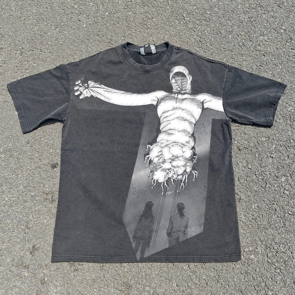 Acid-wash oversized all-over-print tee with Eva Awakening V1 anime graphic print.