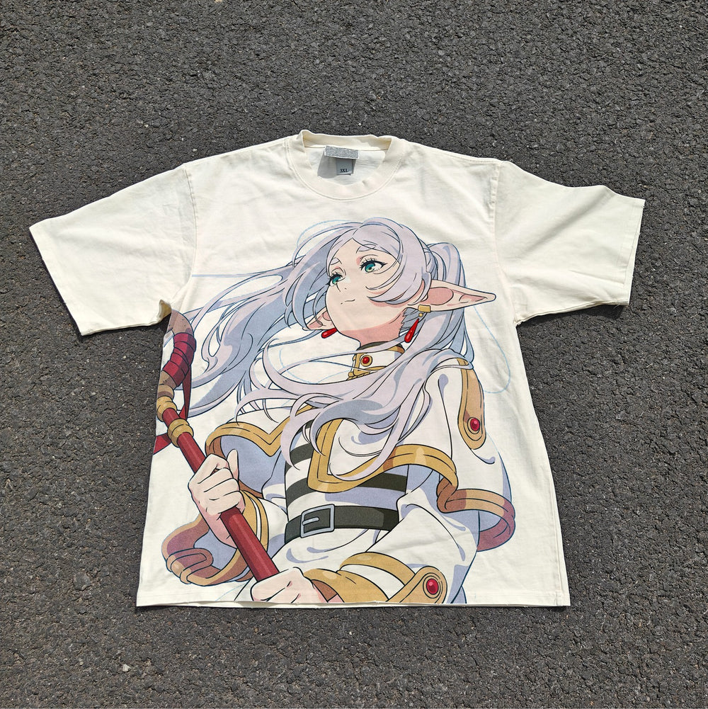 Acid-wash oversized all-over-print tee with Frieren anime graphic print.