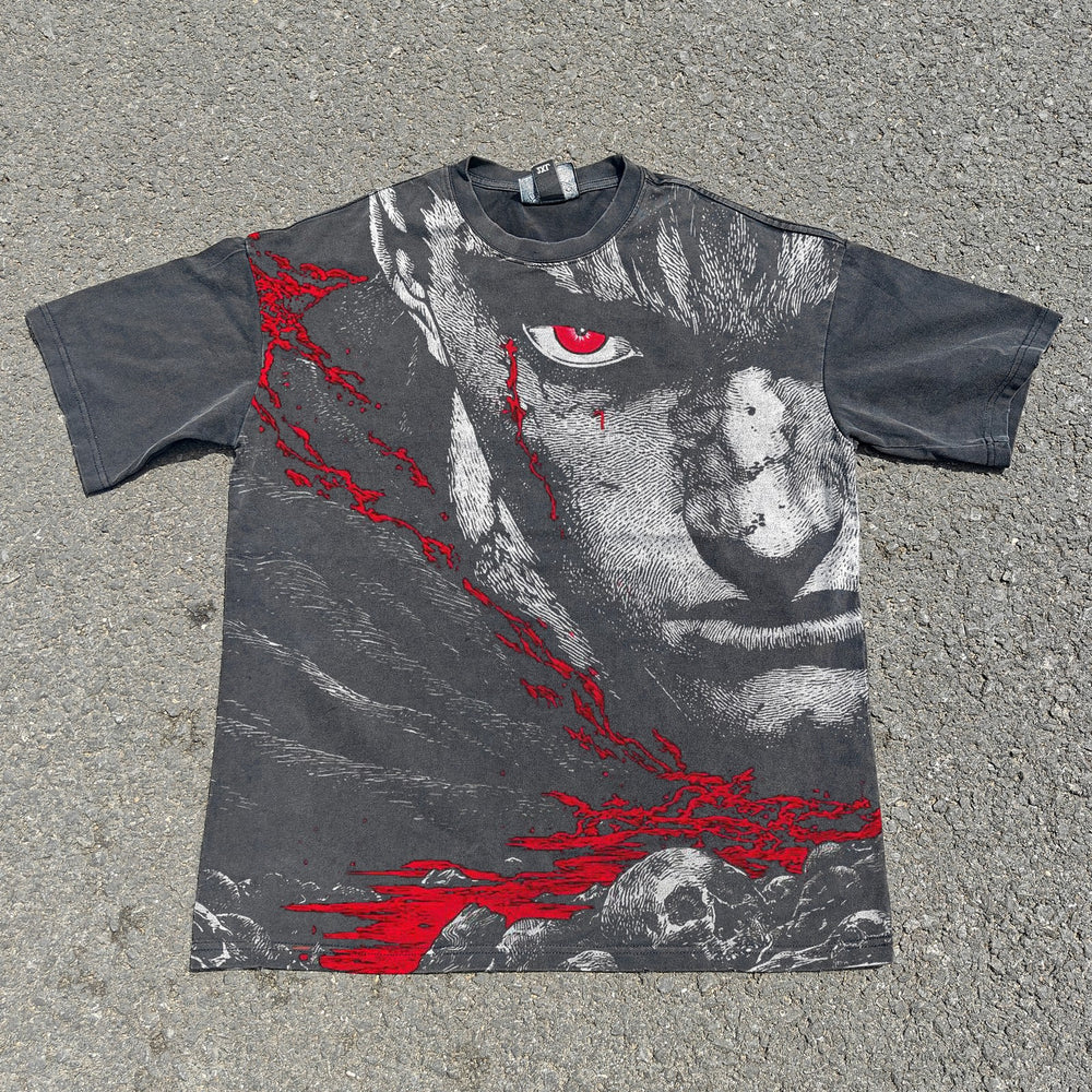 Acid-wash oversized all-over-print tee with Rage Eye V1 anime graphic print.