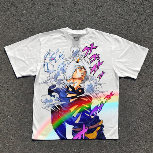 Acid-wash oversized all-over-print tee with Weather Report anime graphic print.