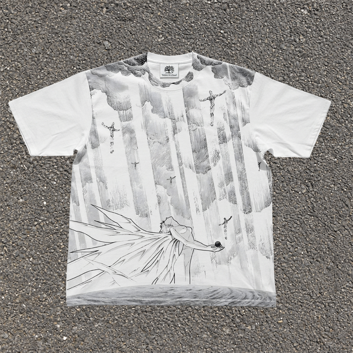 White oversized Evangelion tee with pale manga artwork of winged Rei/Lilith below the Mass Production Evas and vertical columns of light.