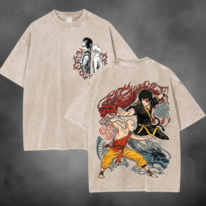 Acid-wash oversized t-shirt with Aang Zuko anime graphic print.