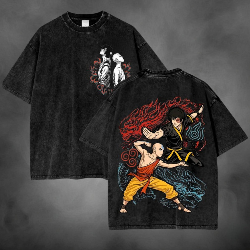 Acid-wash oversized t-shirt with Aang Zuko anime graphic print.