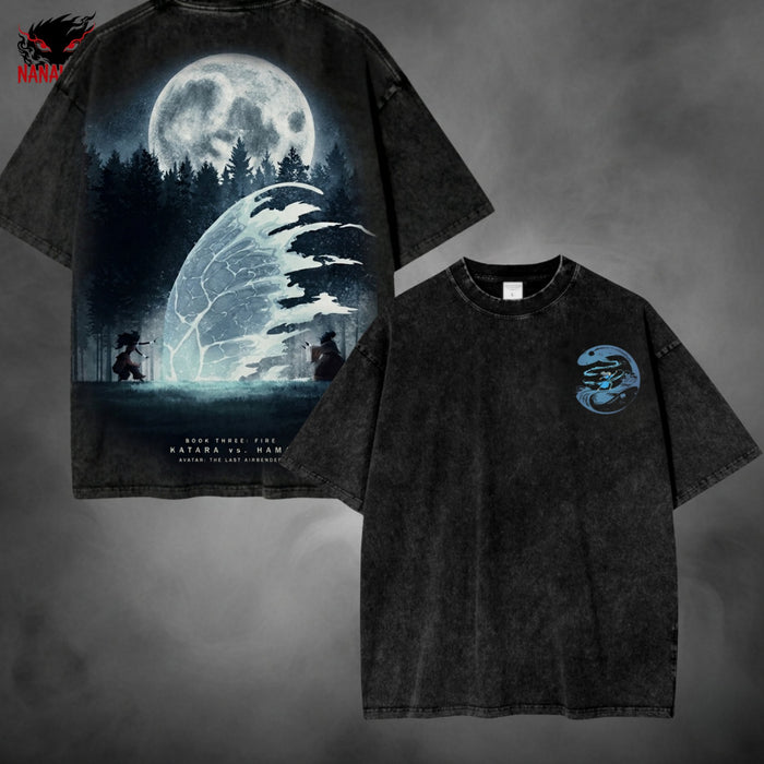 Acid-wash oversized t-shirt with Katara Hama anime graphic print.
