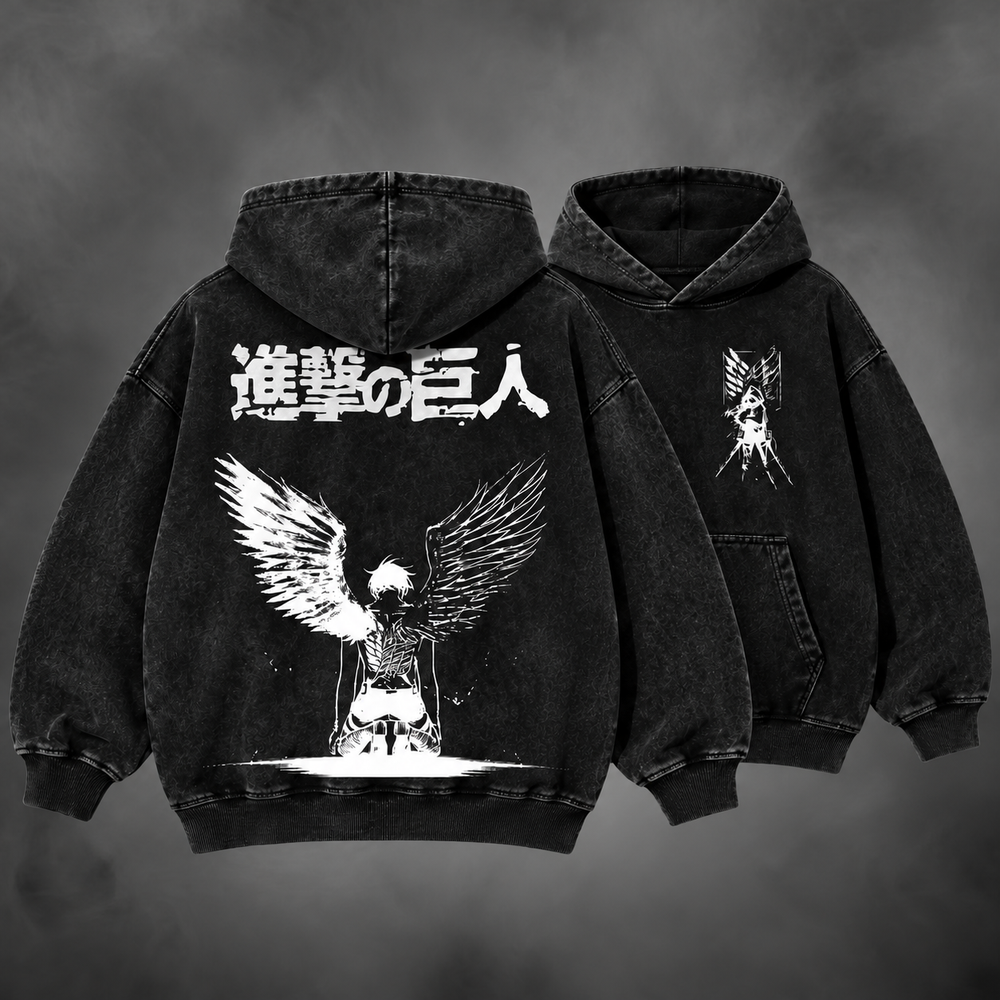AOT Wings Hoodie V1 in black, front and back views