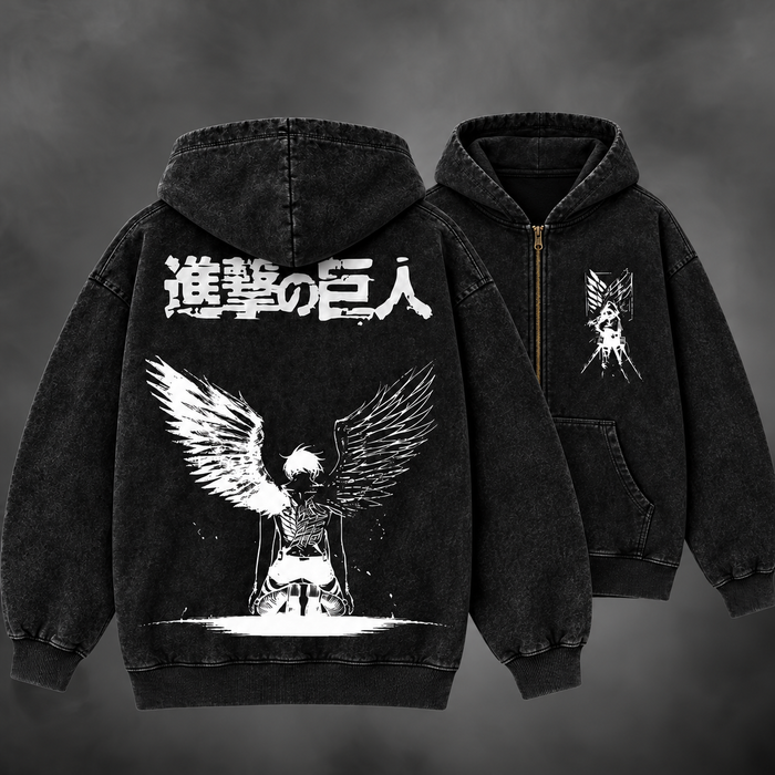 AOT Wings Zipup V1 in black, front and back views
