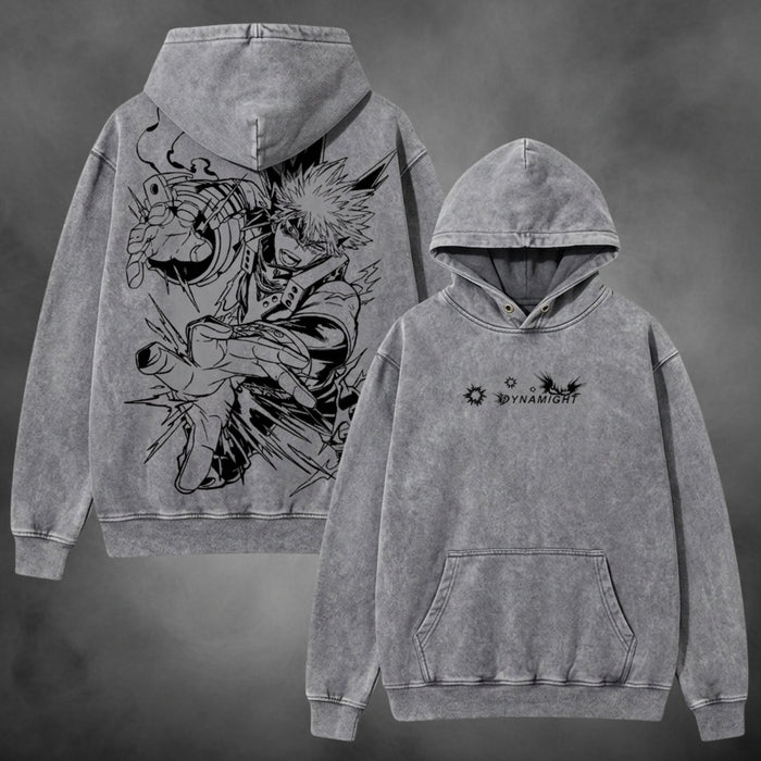 Gray acid-wash oversized pullover hoodie with Bakugo Dynamight My Hero Academia anime graphic print.