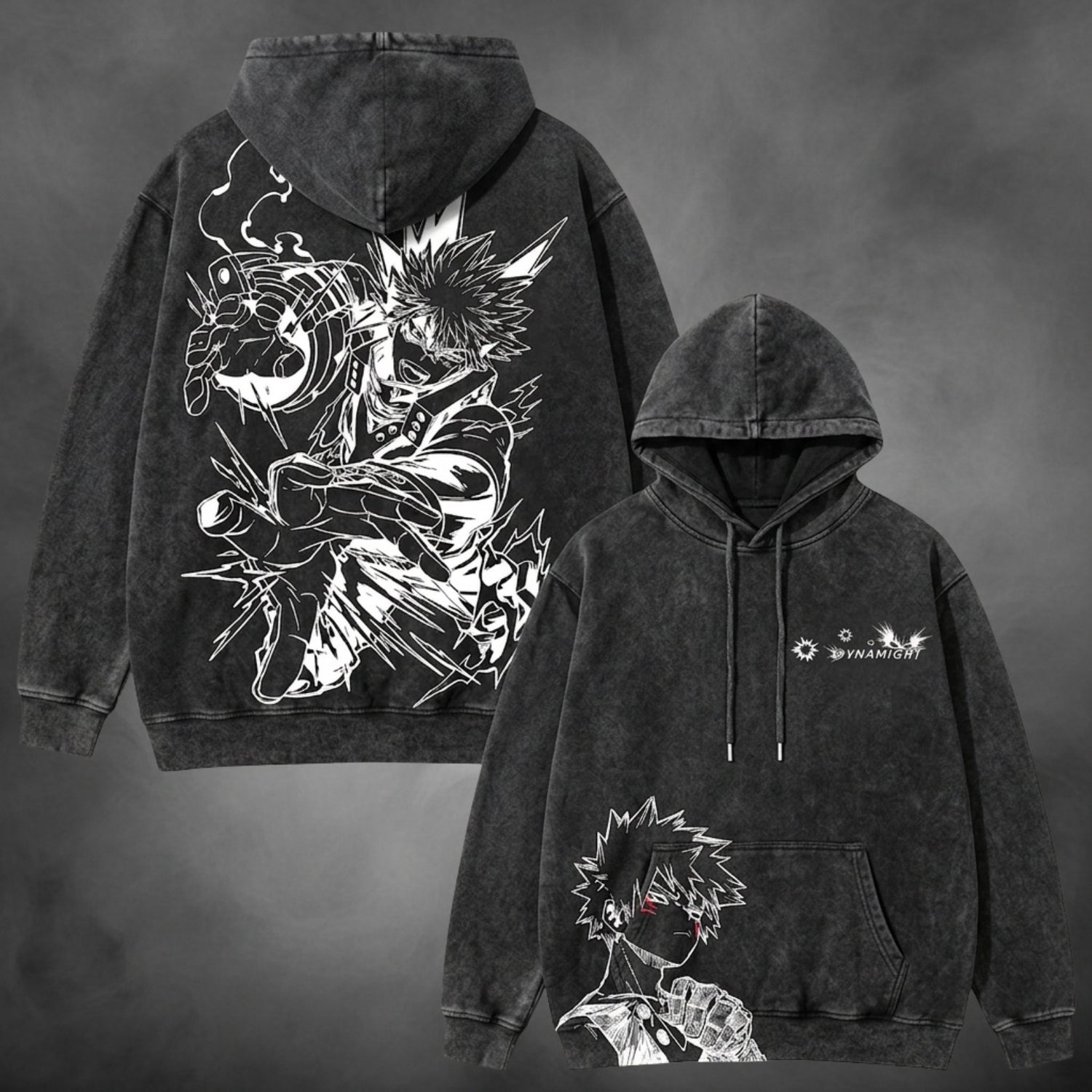 Black acid-wash oversized pullover hoodie with Bakugo Dynamight My Hero Academia anime graphic print.