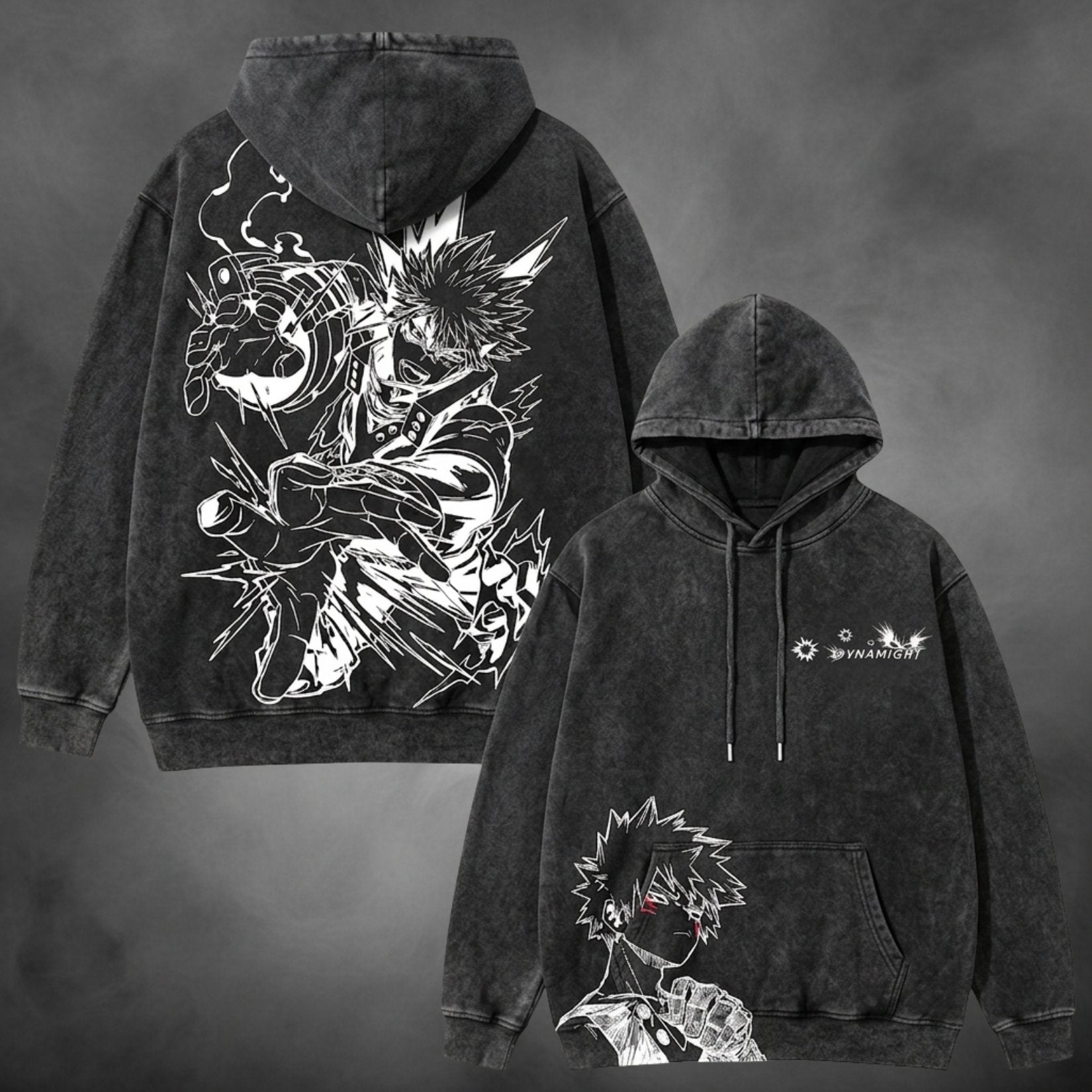 Black acid-wash oversized pullover hoodie with Bakugo Dynamight My Hero Academia anime graphic print.