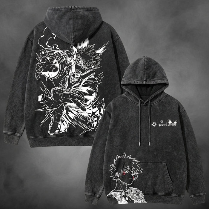 Black acid-wash oversized pullover hoodie with Bakugo Dynamight My Hero Academia anime graphic print.