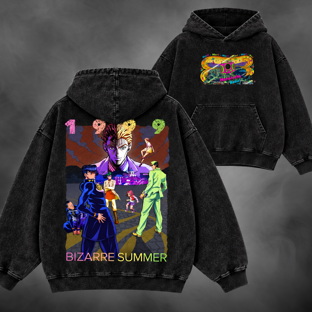 bizarre summer hoodie v1, washed black, front and back views with original JoJo artwork