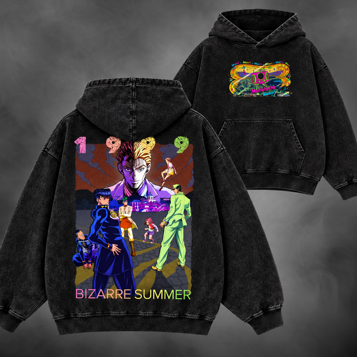 bizarre summer hoodie v1, washed black, front and back views with original JoJo artwork