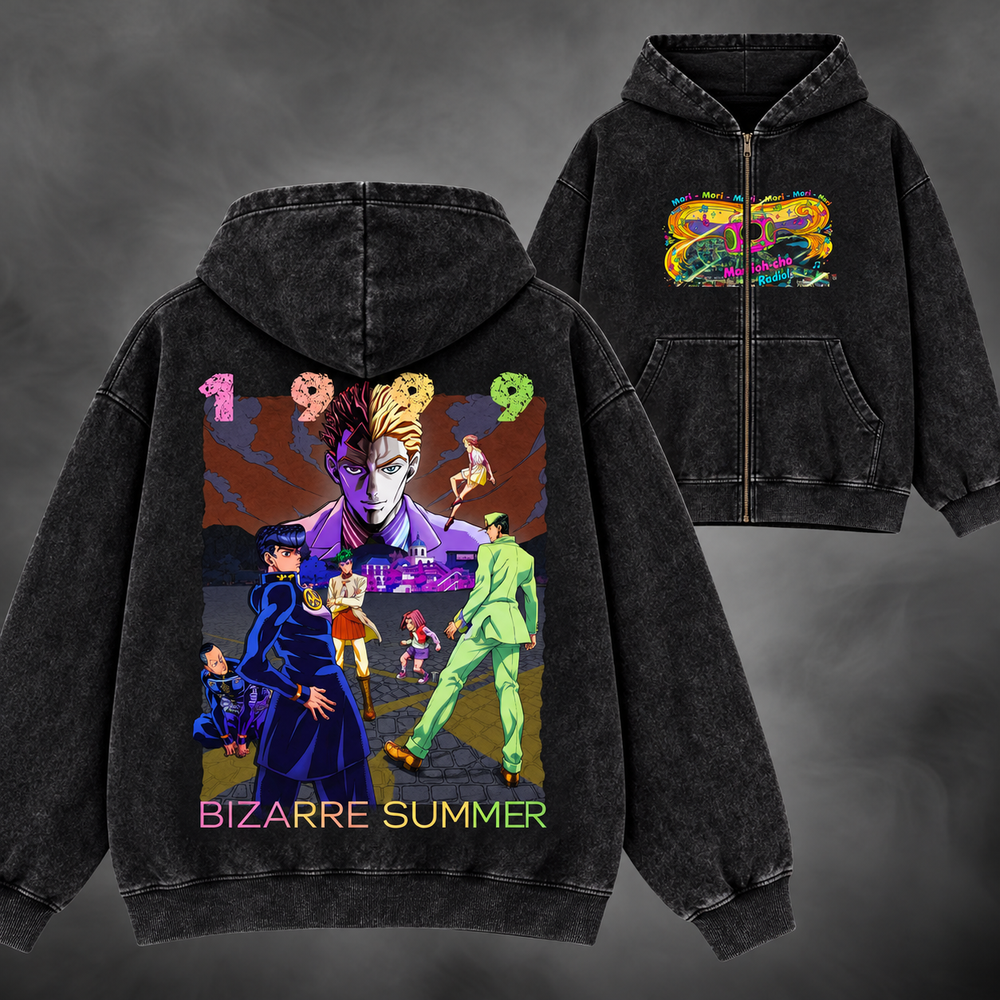 bizarre summer zipup v1, washed black, front and back views with original JoJo artwork