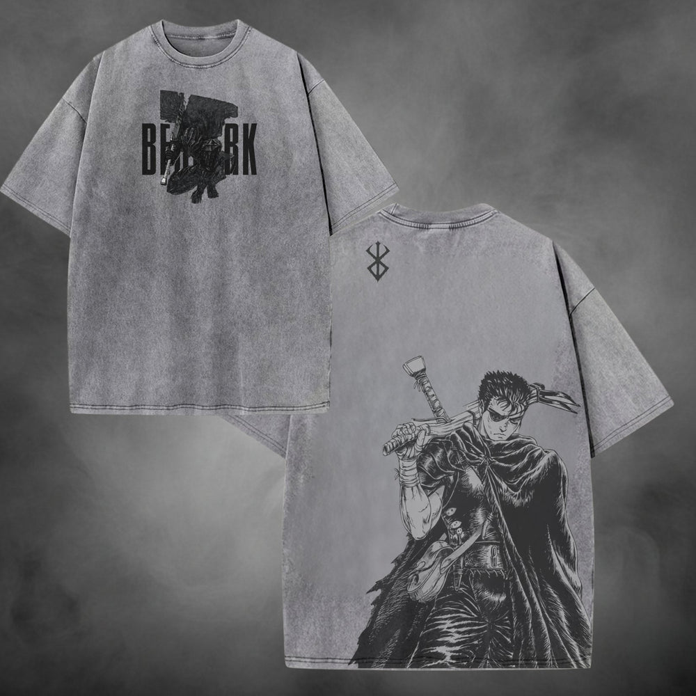 Gray acid-wash oversized t-shirt with Guts Black Swordsman Berserk dark fantasy manga graphic print.