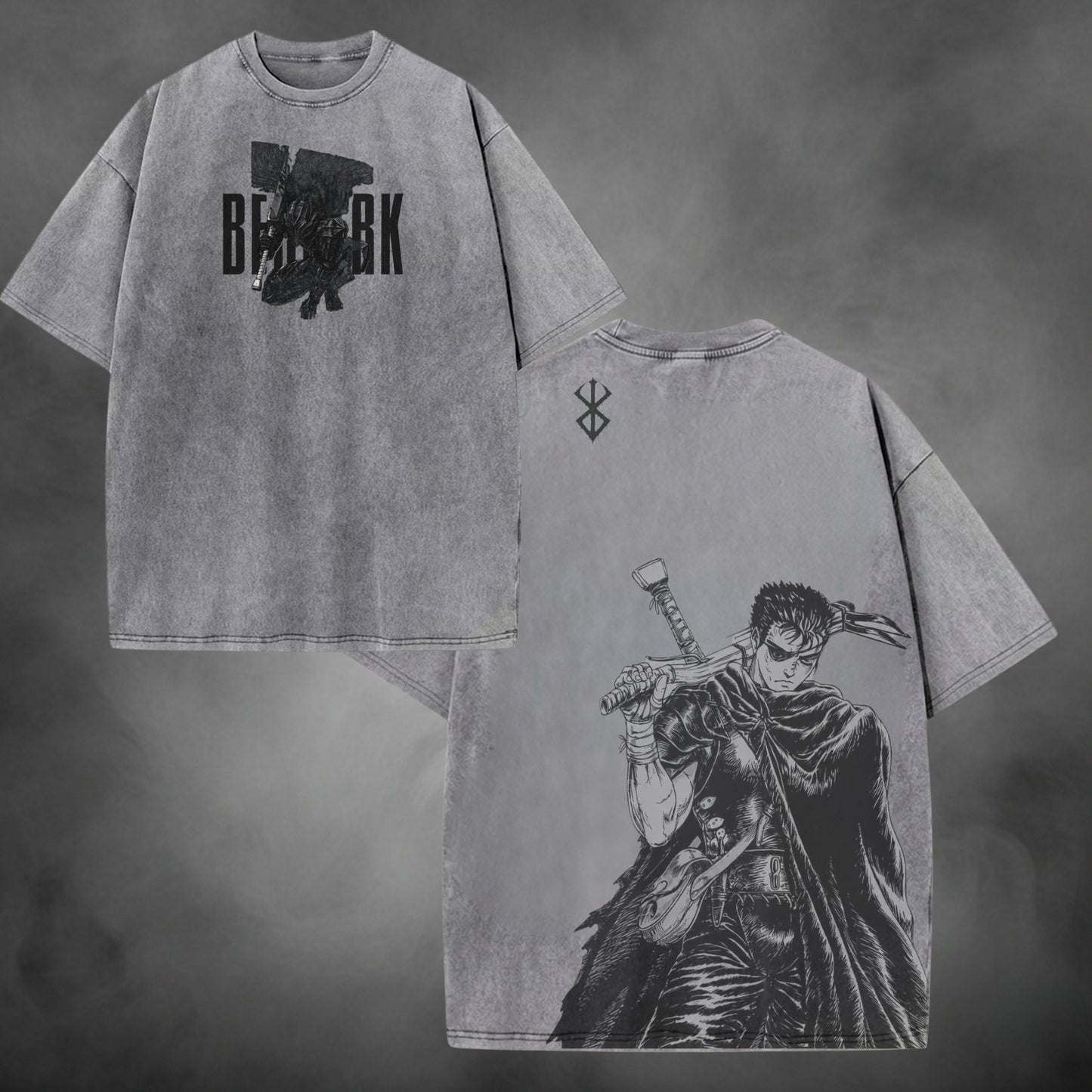 Gray acid-wash oversized t-shirt with Guts Black Swordsman Berserk dark fantasy manga graphic print.