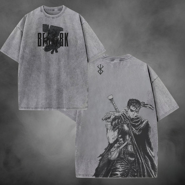 Gray acid-wash oversized t-shirt with Guts Black Swordsman Berserk dark fantasy manga graphic print.