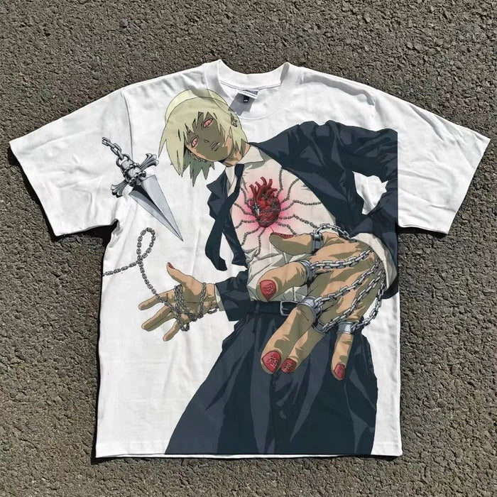 Acid-wash oversized all-over-print tee with Chained Jail anime graphic print.