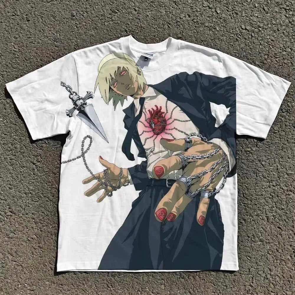 Acid-wash oversized all-over-print tee with Chained Heart Villain anime graphic print.