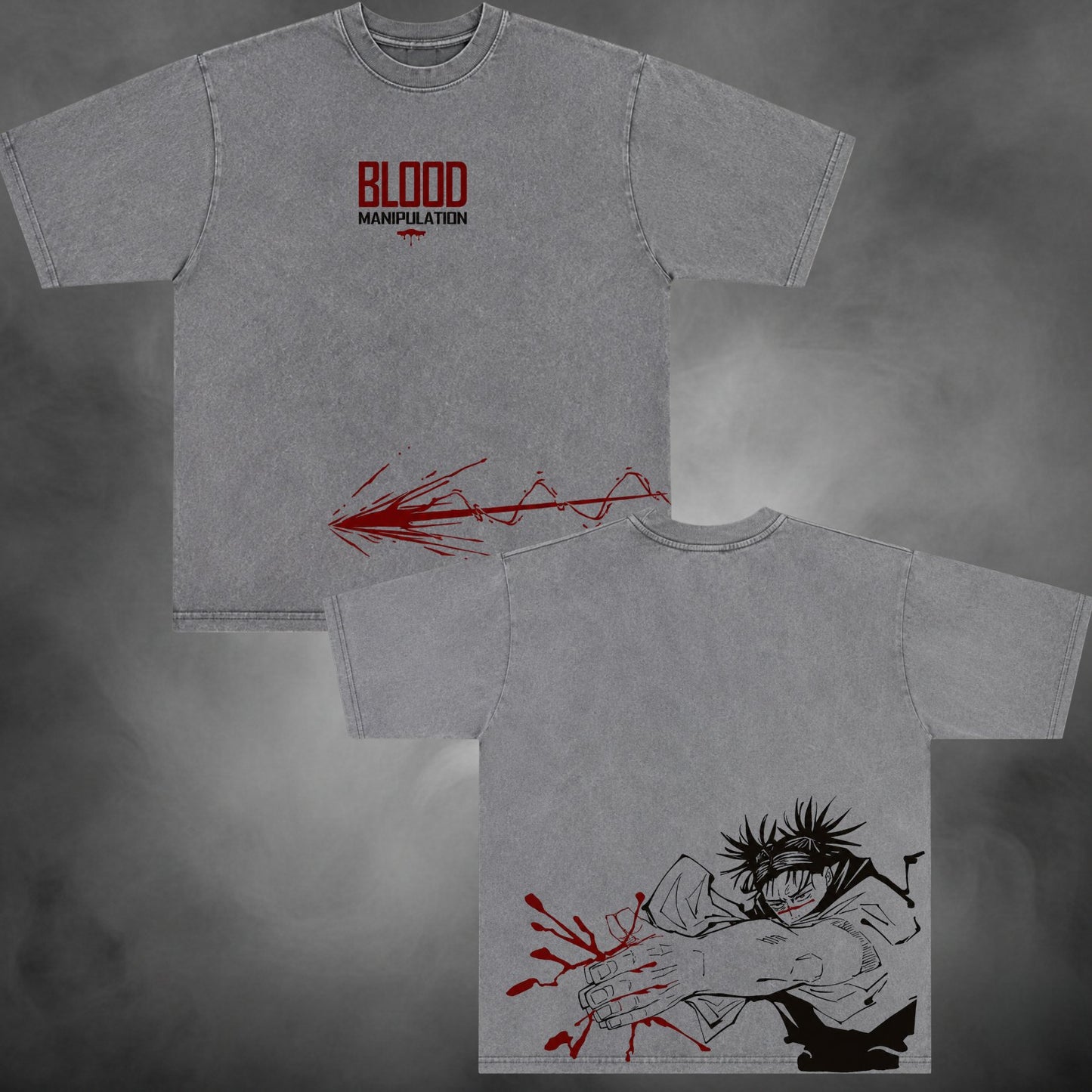 Gray acid-wash oversized t-shirt with Choso blood manipulation Jujutsu Kaisen anime graphic print.