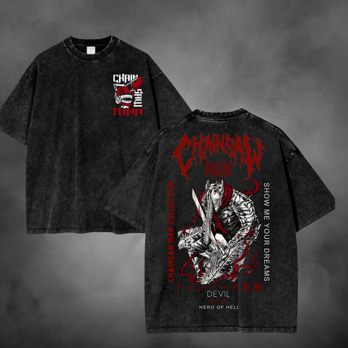 Acid-wash oversized t-shirt with Chainsaw Devil anime graphic print.