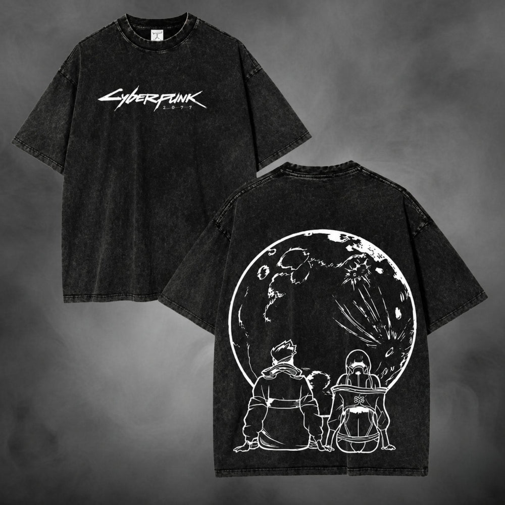 Acid-wash oversized t-shirt with Cyber Moon streetwear graphic print.