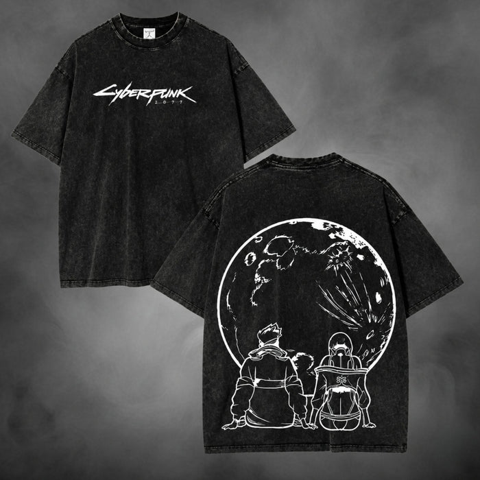 Acid-wash oversized t-shirt with Cyber Moon streetwear graphic print.