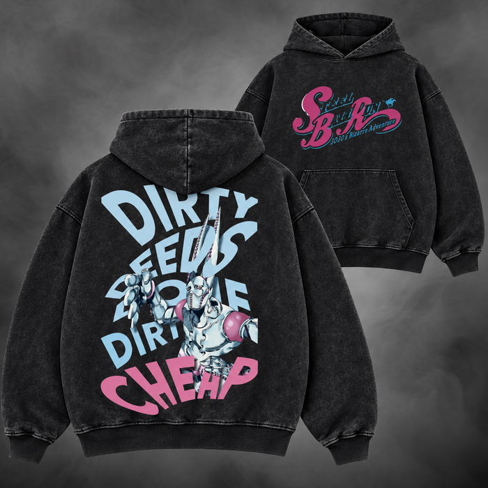 D4C SBR V1 washed black pullover hoodie, front Steel Ball Run logo and back Dirty Deeds artwork