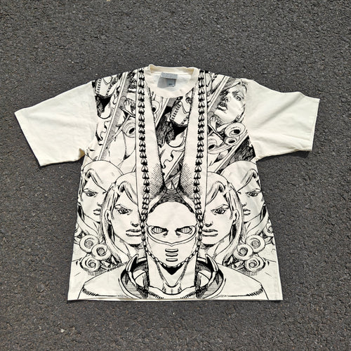 Acid-wash oversized all-over-print tee with D4C SBR anime graphic print.