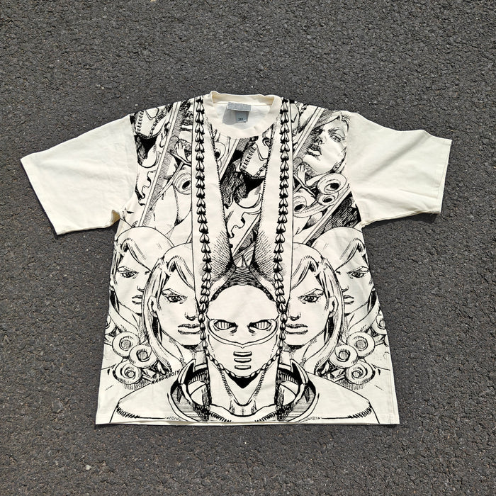 Acid-wash oversized all-over-print tee with D4C SBR anime graphic print.