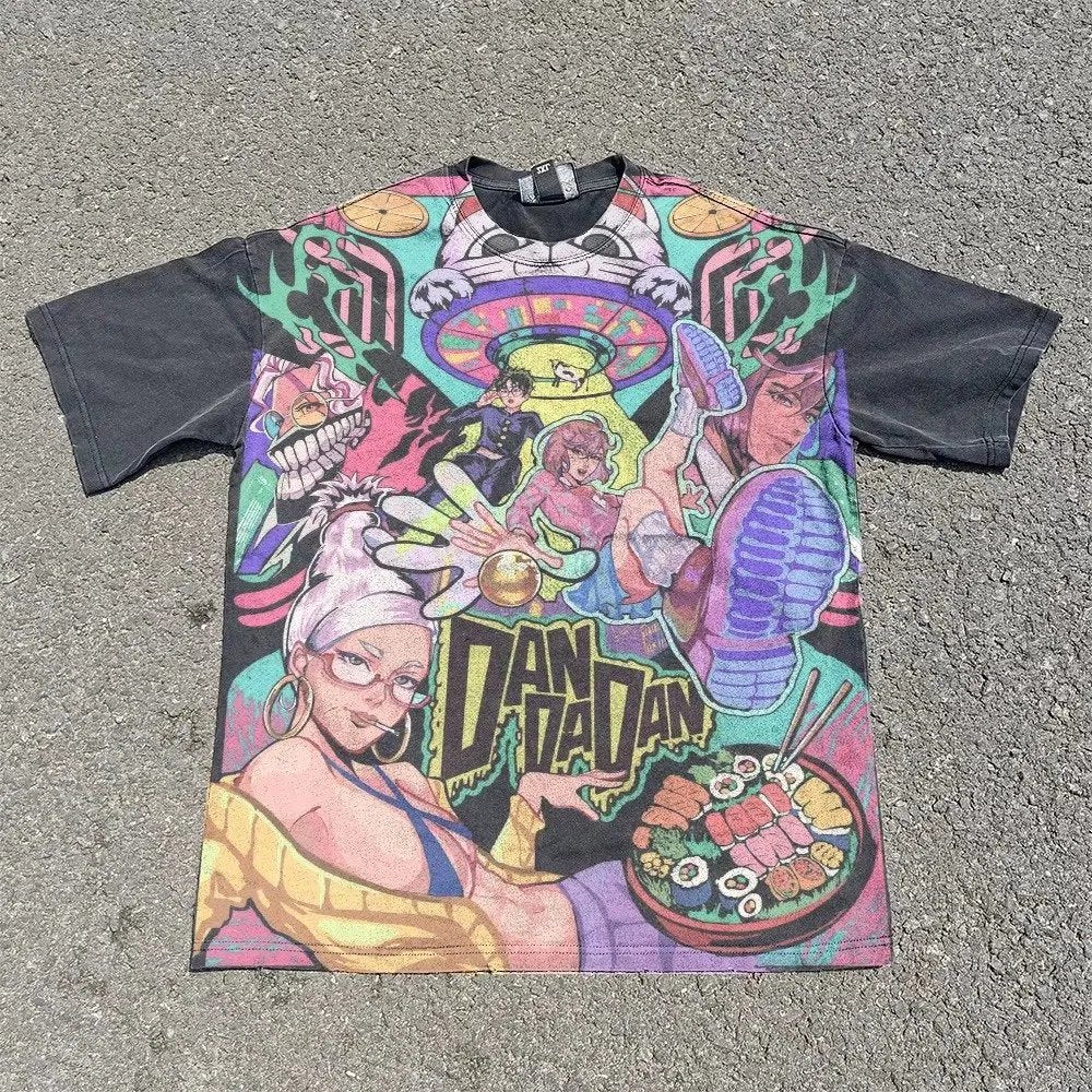 Acid-wash oversized all-over-print tee with DanDaDan Full Cast anime graphic print.