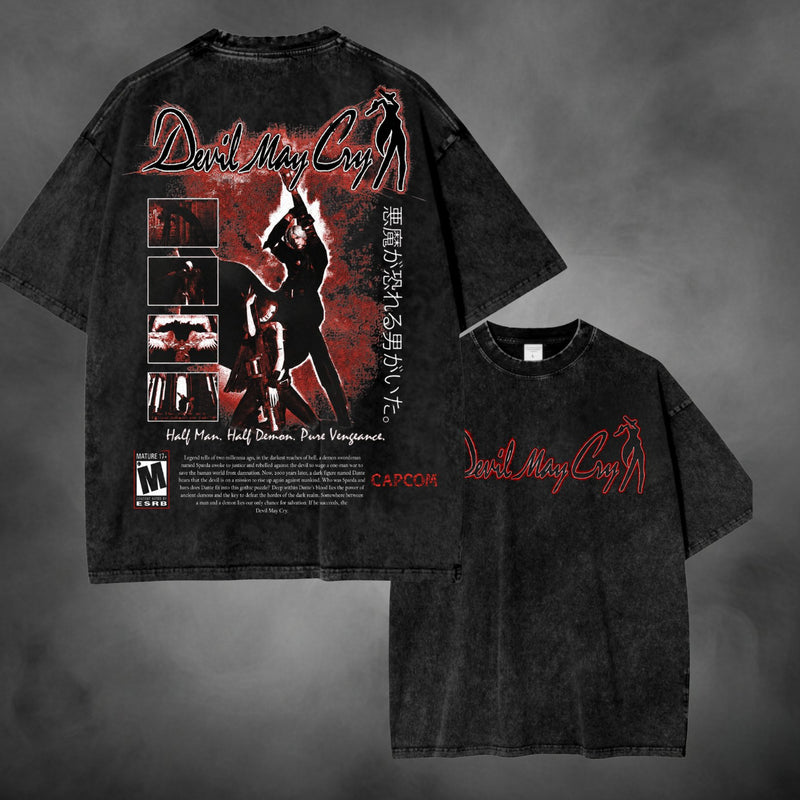 Black acid-wash oversized t-shirt with Dante Devil May Cry retro game cover graphic print.