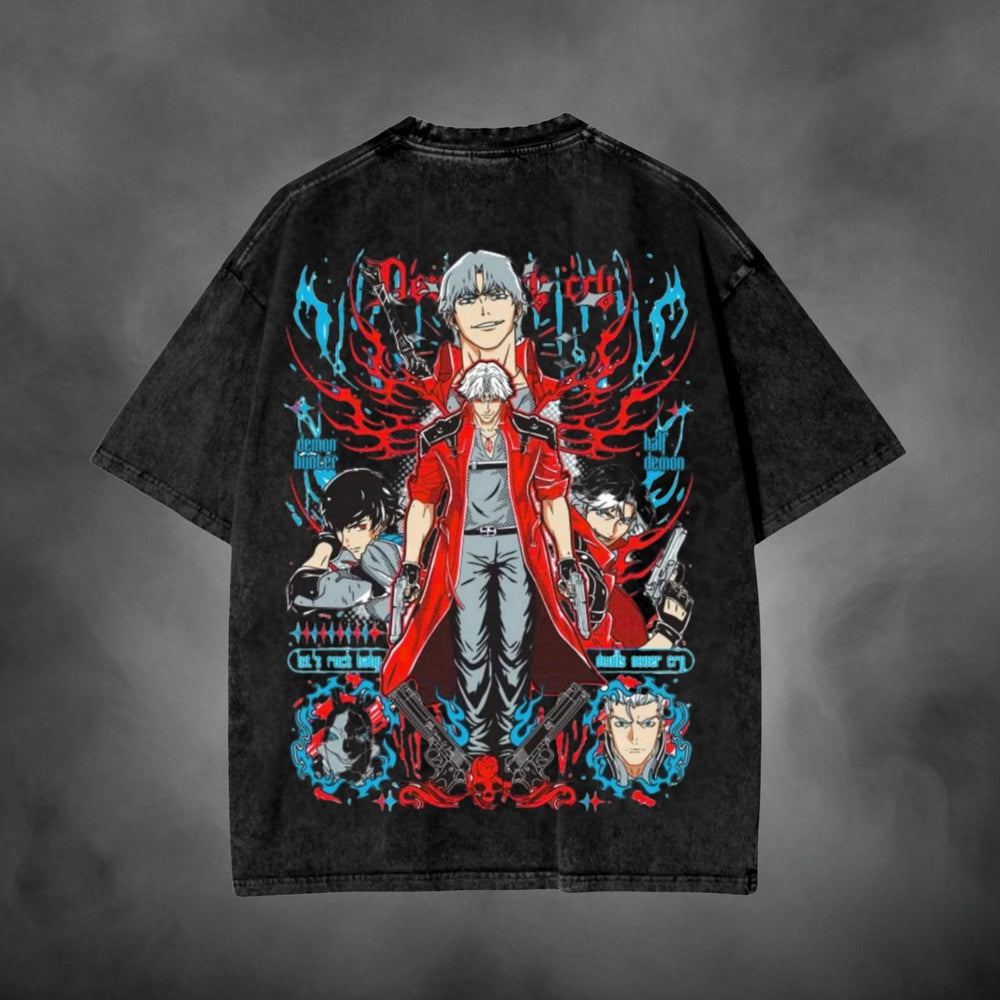Black acid-wash oversized t-shirt with Dante Devil May Cry anime characters graphic print.