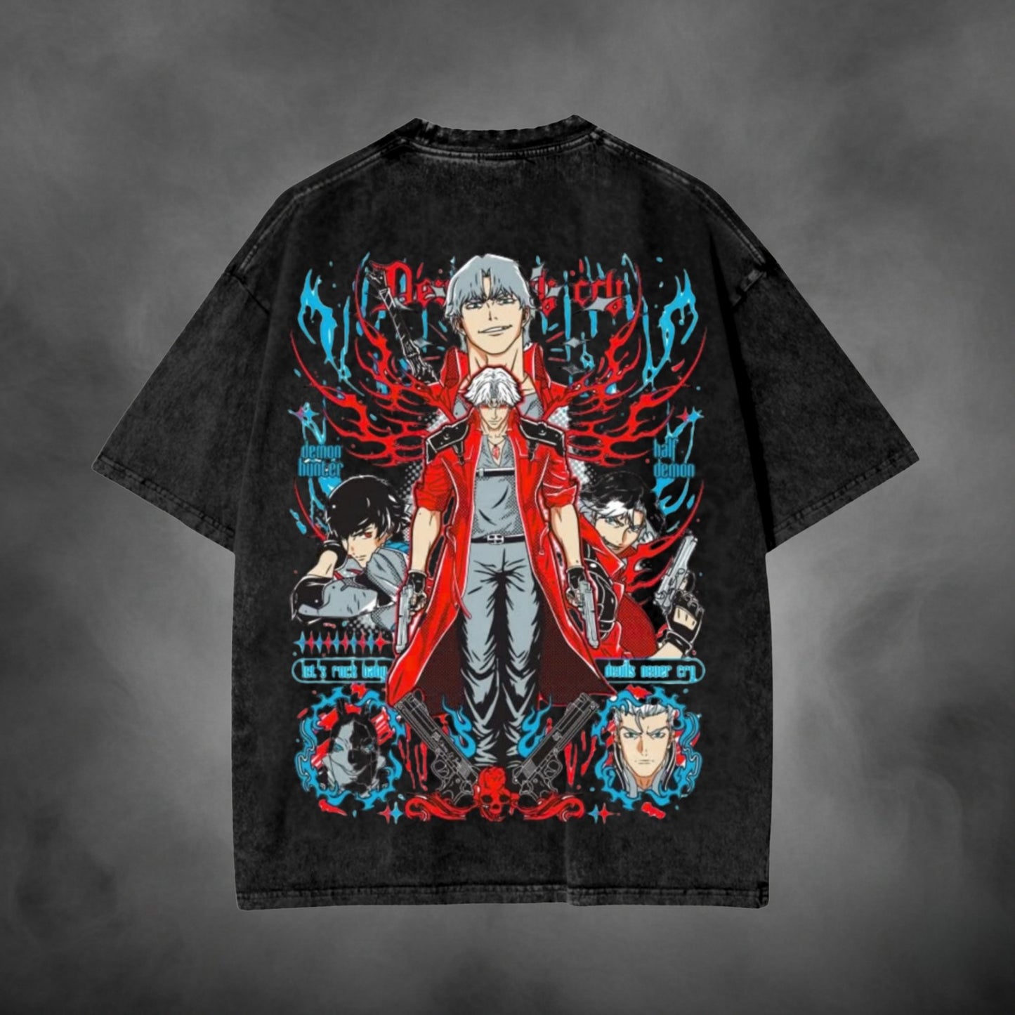 Black acid-wash oversized t-shirt with Dante Devil May Cry anime characters graphic print.