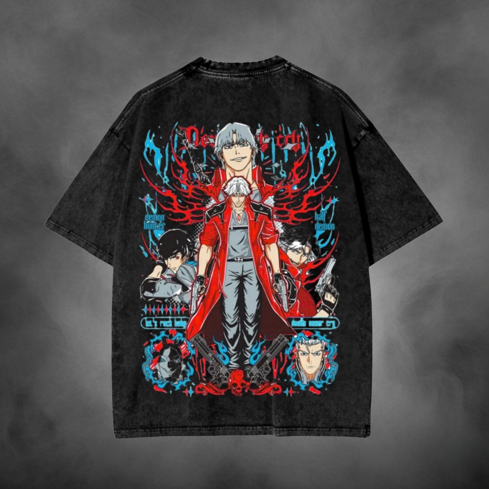 Black acid-wash oversized t-shirt with Dante Devil May Cry anime characters graphic print.
