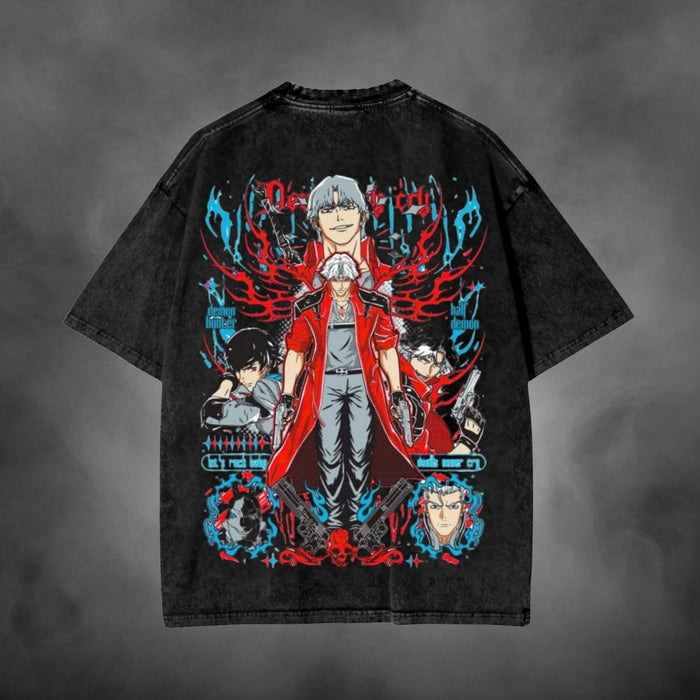 Black acid-wash oversized t-shirt with Dante Devil May Cry anime characters graphic print.