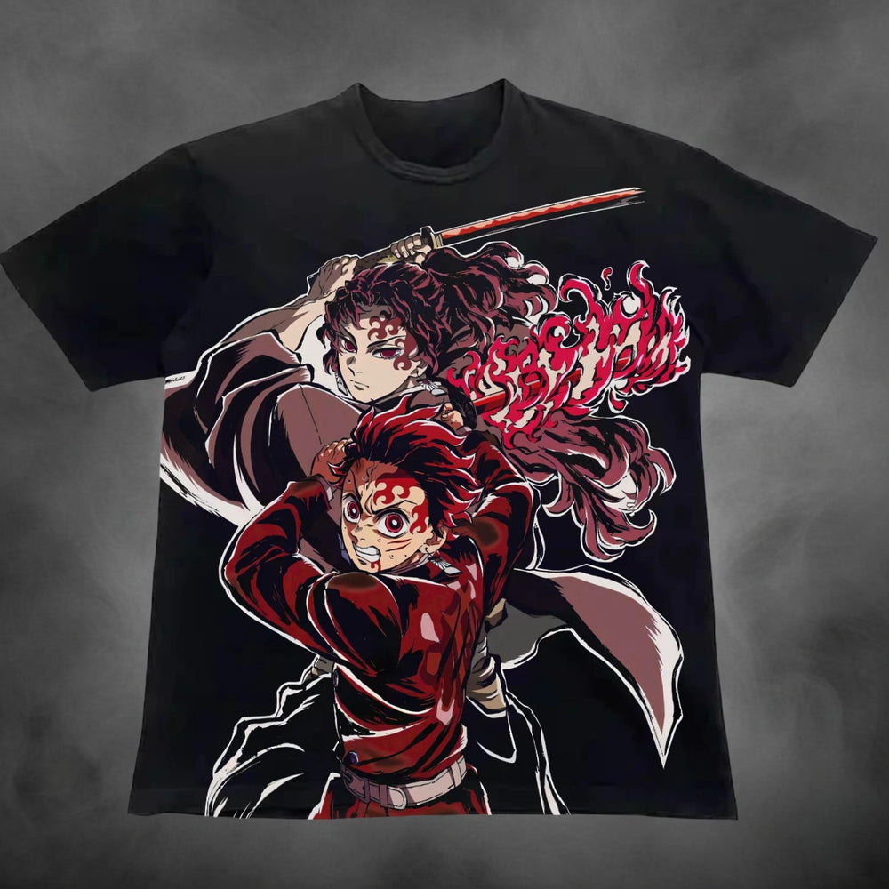 Black oversized all-over-print t-shirt with Tanjiro battle scene Demon Slayer anime graphic print.