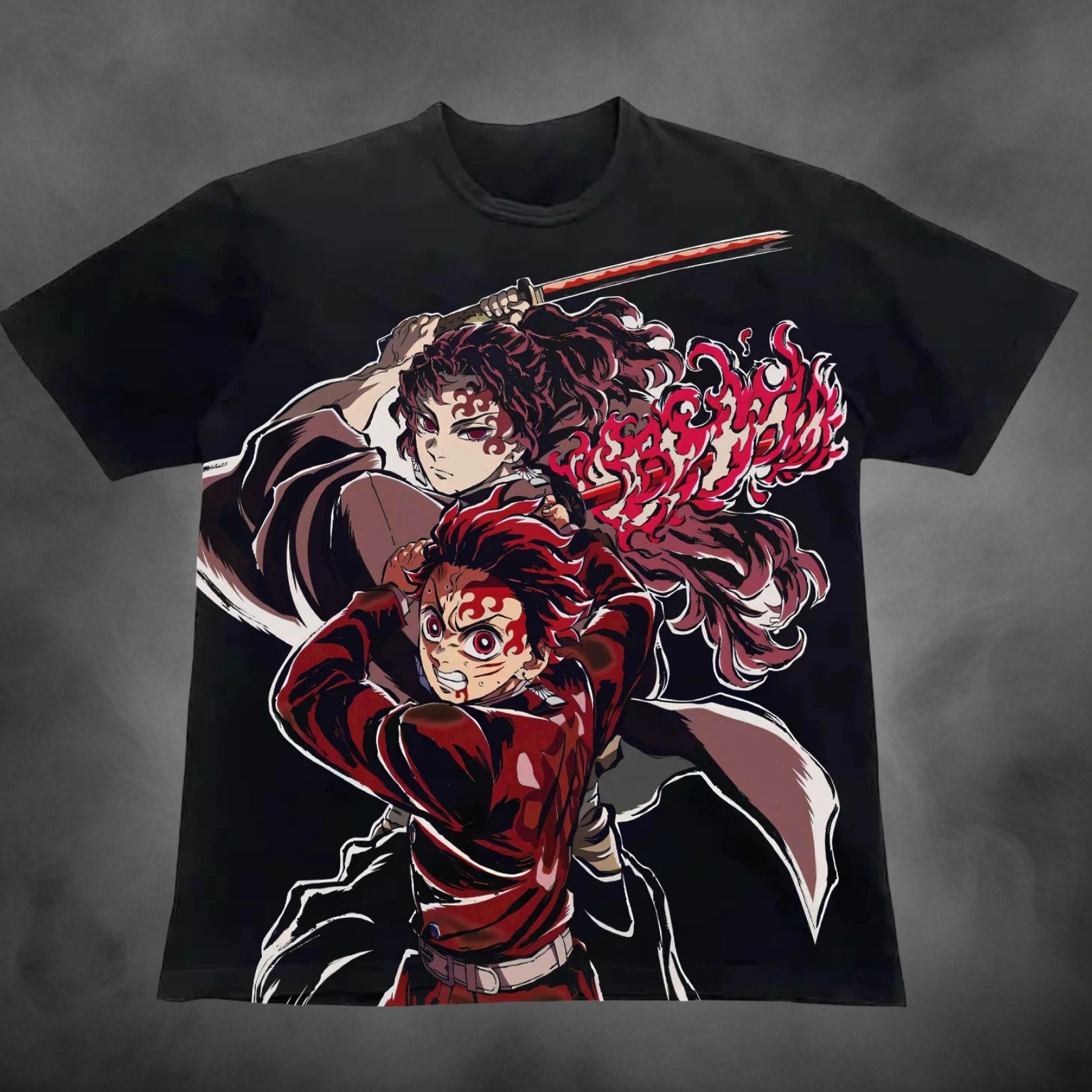 Black oversized all-over-print t-shirt with Tanjiro battle scene Demon Slayer anime graphic print.