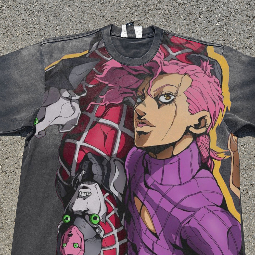 Acid-wash oversized all-over-print tee with Diavolo anime graphic print.