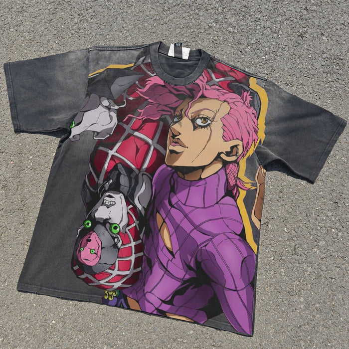 Acid-wash oversized all-over-print tee with Diavolo anime graphic print.