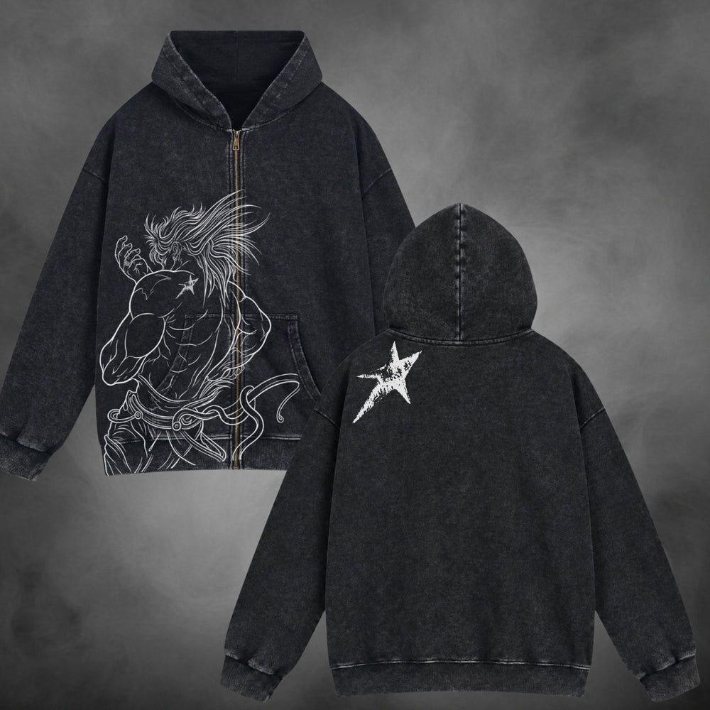 DIO Zipup V1 in washed black, front and back views
