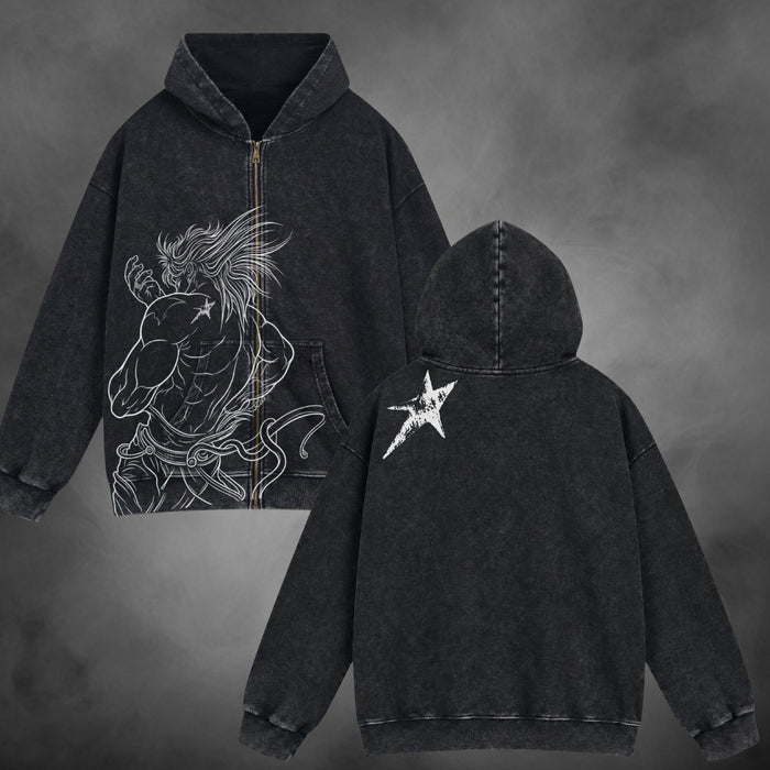 DIO Zipup V1 in washed black, front and back views