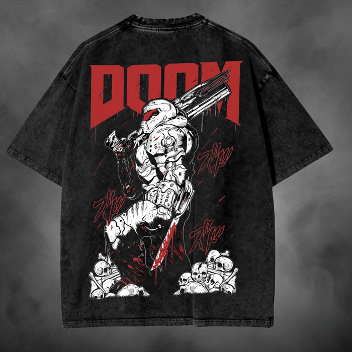 Black acid-wash oversized t-shirt with Doom Slayer DOOM game graphic print.