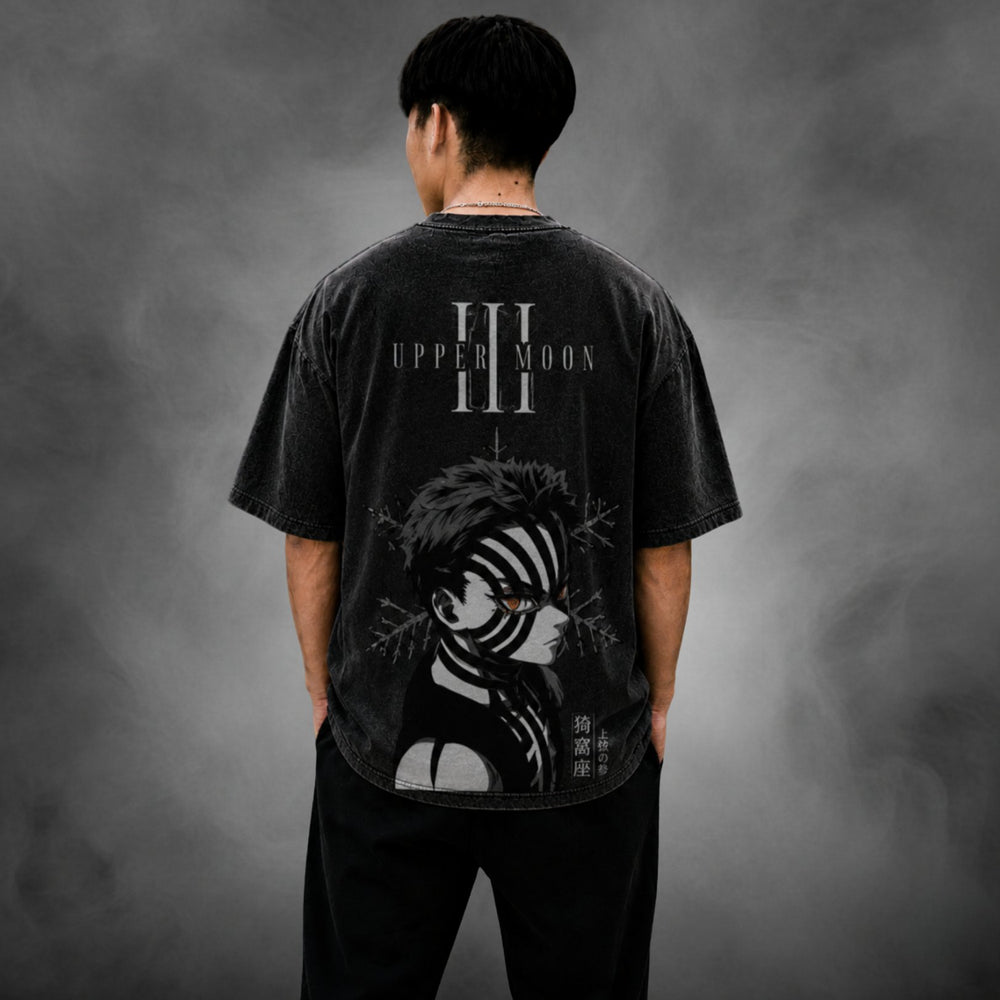 Acid-wash oversized t-shirt with Akaza anime graphic print.