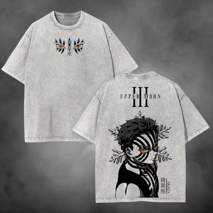 Acid-wash oversized t-shirt with Akaza anime graphic print.