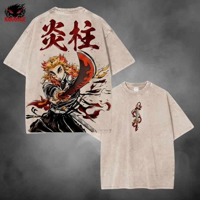 Acid-wash oversized t-shirt with Flame Hashira anime graphic print.