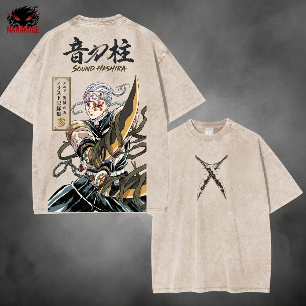 Acid-wash oversized t-shirt with Sound Hashira anime graphic print.