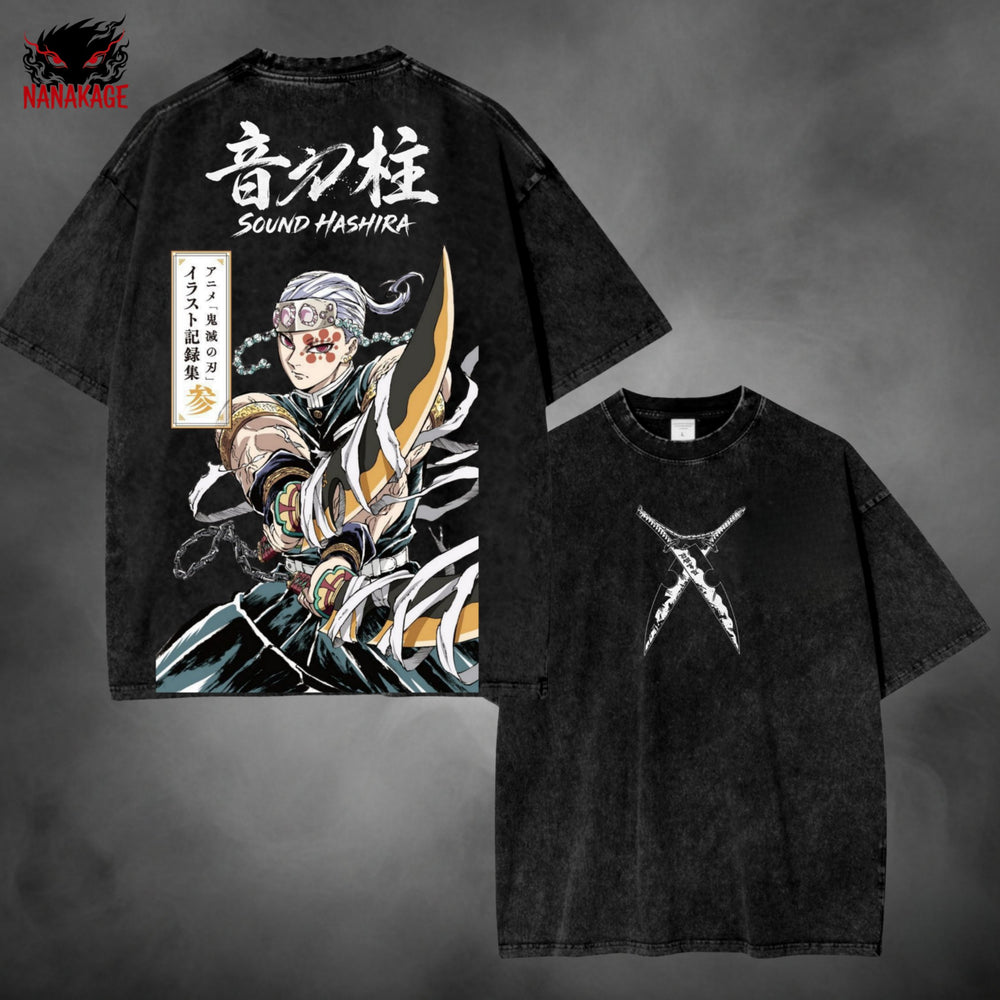 Acid-wash oversized t-shirt with Sound Hashira anime graphic print.