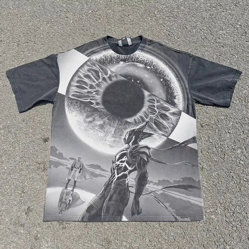 Acid-wash oversized all-over-print tee with Garou Cosmic Eye Standoff anime graphic print.